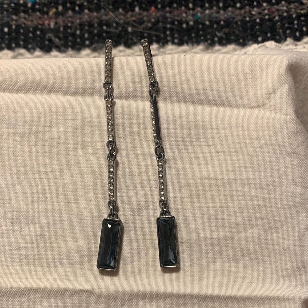 Sterling Silver Long Drop Earrings with Dark Blue Stones